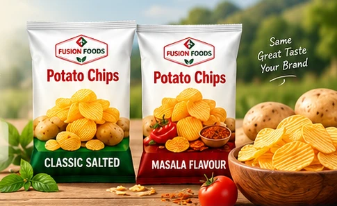 Fusion Foods Classic Salted and Masala potato chips packaging concept with a bowl of chips